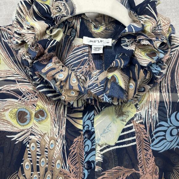 Jaipur Peacock Tunic Top M Semi Sheer Unique Ruffle Collar Boho Artsy Statement - Picture 2 of 8